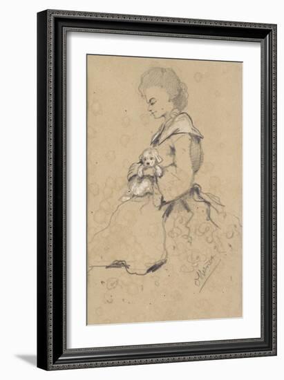 Women Holding a Small Dog, 1857 (Black and White Chalk on Paper)-Claude Monet-Framed Giclee Print