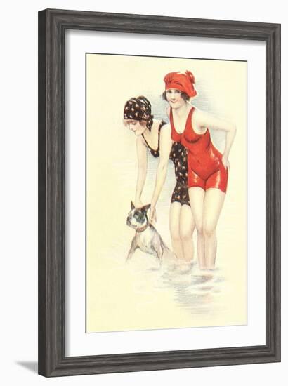 Women in Bathing Costumes with Terrier-null-Framed Art Print