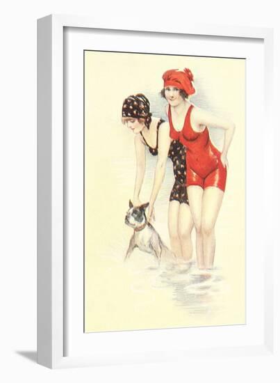 Women in Bathing Costumes with Terrier-null-Framed Art Print