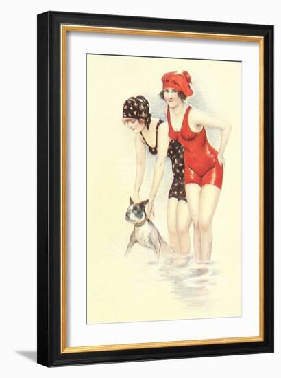 Women in Bathing Costumes with Terrier-null-Framed Art Print