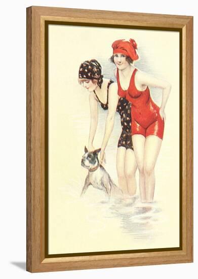 Women in Bathing Costumes with Terrier-null-Framed Stretched Canvas