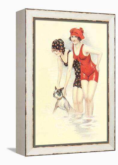 Women in Bathing Costumes with Terrier-null-Framed Stretched Canvas