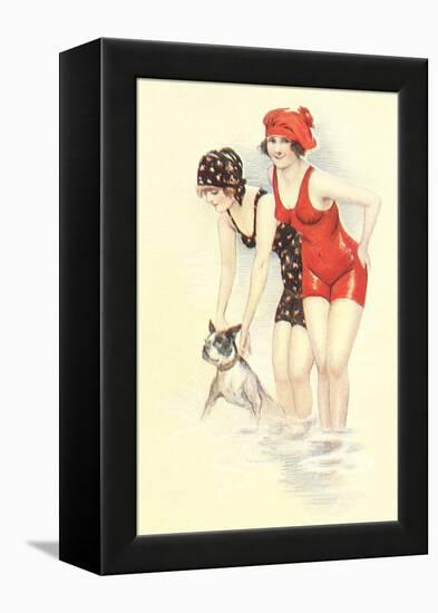 Women in Bathing Costumes with Terrier-null-Framed Stretched Canvas