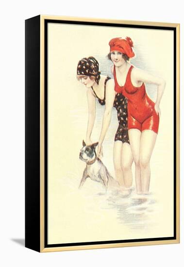 Women in Bathing Costumes with Terrier-null-Framed Stretched Canvas