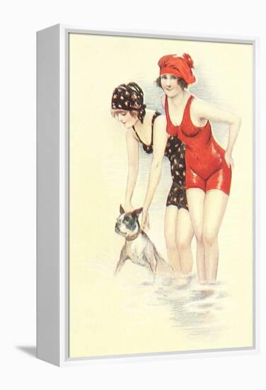 Women in Bathing Costumes with Terrier-null-Framed Stretched Canvas