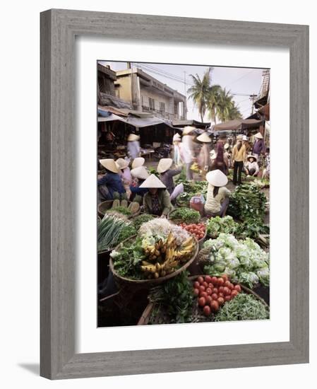 Women in Conical Hats Selling Fruit and Vegetables in Busy Central Market, Hoi An, Central Vietnam-Gavin Hellier-Framed Photographic Print