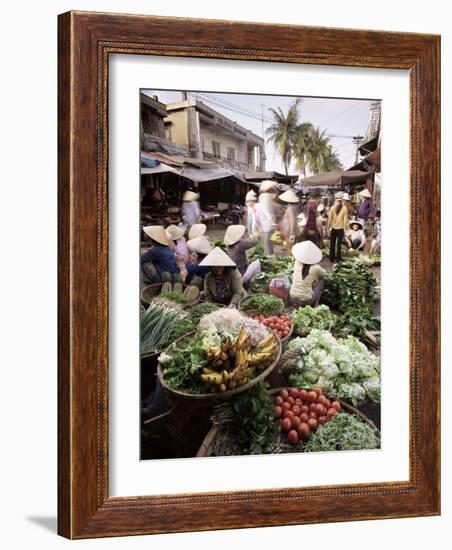 Women in Conical Hats Selling Fruit and Vegetables in Busy Central Market, Hoi An, Central Vietnam-Gavin Hellier-Framed Photographic Print