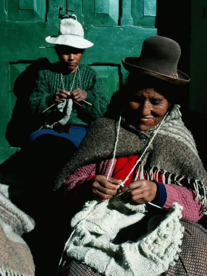 Women In Hats Knitting Outside In The Sunshine By A Green Wooden Door Peru Photographic Print Richard I Anson Art Com