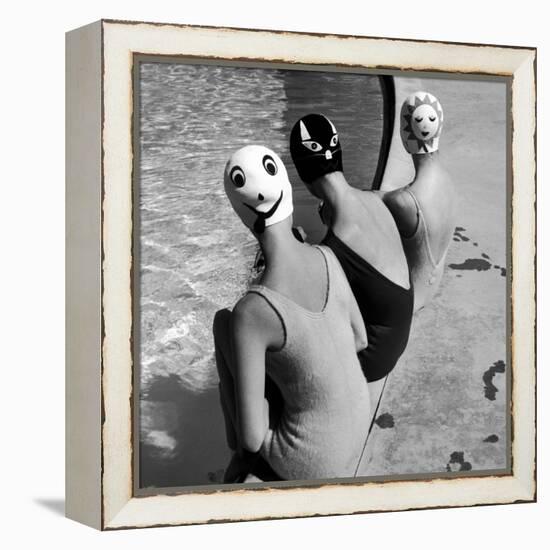 Women Modeling Bathing Caps with Faces on Them-Ralph Crane-Framed Premier Image Canvas