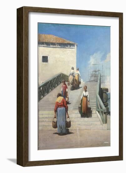 Women on a Bridge in Venice-Vincenzo Cabianca-Framed Art Print