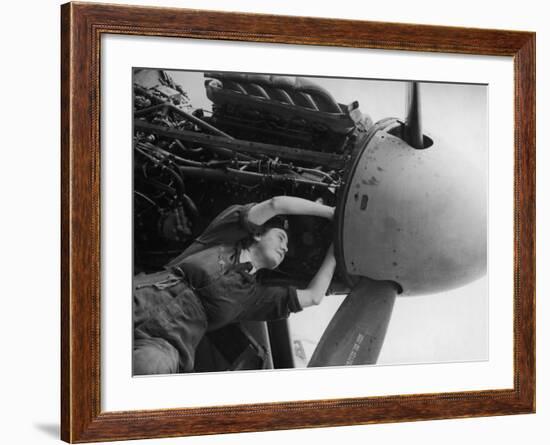 Women's Auxiliary Air Force Plane Mechanic Checking Wiring of a Mosquito Engine-null-Framed Photographic Print