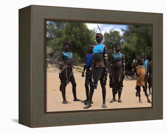 Women Sing and Dance Before the Bull Jumping, Turmi, Ethiopia-Jane Sweeney-Framed Premier Image Canvas
