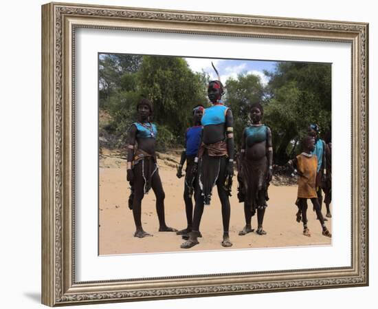 Women Sing and Dance Before the Bull Jumping, Turmi, Ethiopia-Jane Sweeney-Framed Photographic Print