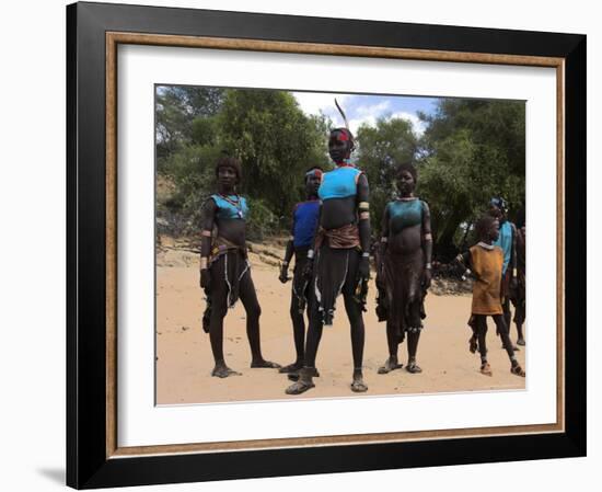 Women Sing and Dance Before the Bull Jumping, Turmi, Ethiopia-Jane Sweeney-Framed Photographic Print