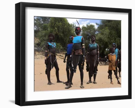 Women Sing and Dance Before the Bull Jumping, Turmi, Ethiopia-Jane Sweeney-Framed Photographic Print