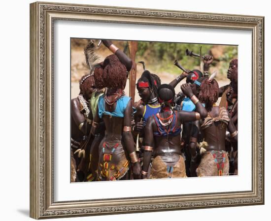 Women Sing and Dance Before the Bull Jumping, Turmi, Ethiopia-Jane Sweeney-Framed Photographic Print