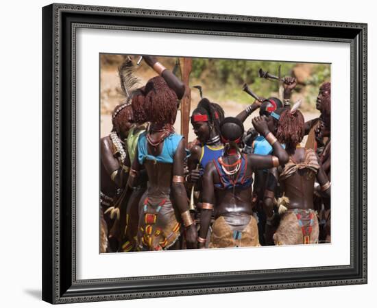 Women Sing and Dance Before the Bull Jumping, Turmi, Ethiopia-Jane Sweeney-Framed Photographic Print