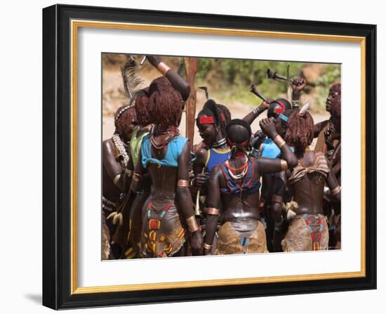 Women Sing and Dance Before the Bull Jumping, Turmi, Ethiopia-Jane Sweeney-Framed Photographic Print