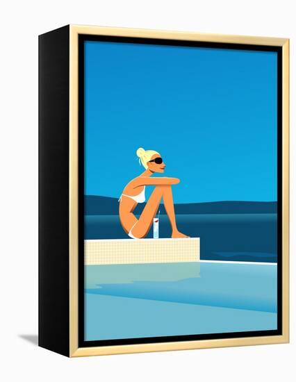 Women Sitting by Swimming Pool near Ocean-null-Framed Premier Image Canvas