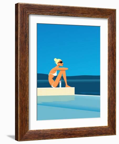 Women Sitting by Swimming Pool near Ocean-null-Framed Giclee Print