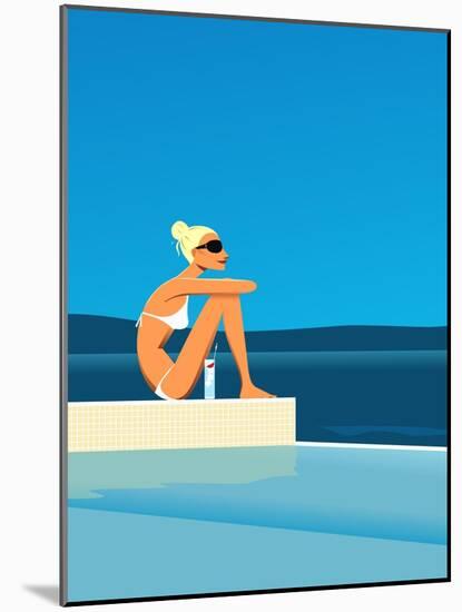 Women Sitting by Swimming Pool near Ocean-null-Mounted Giclee Print