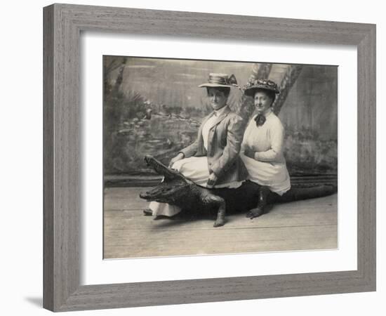 Women Sitting on a Stuffed Alligator, C.1905-null-Framed Photographic Print