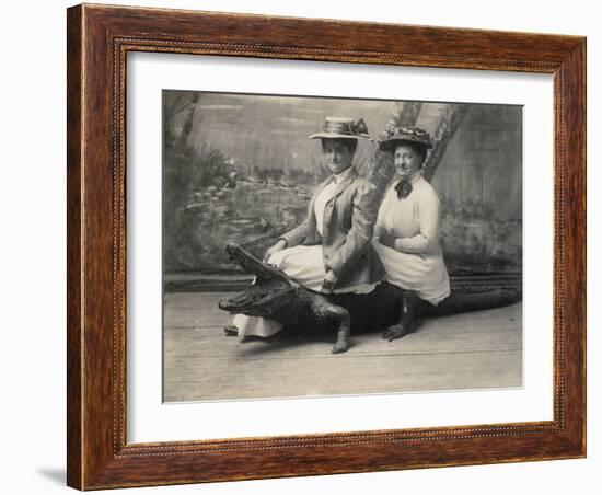 Women Sitting on a Stuffed Alligator, C.1905-null-Framed Photographic Print