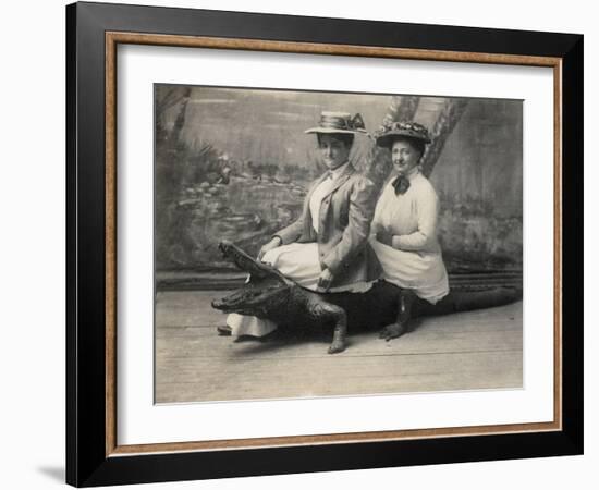 Women Sitting on a Stuffed Alligator, C.1905-null-Framed Photographic Print