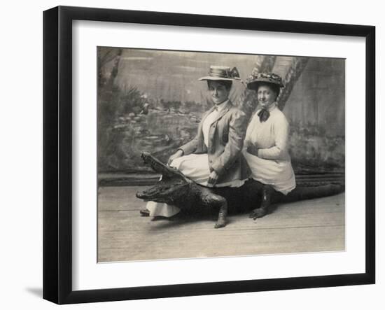 Women Sitting on a Stuffed Alligator, C.1905-null-Framed Photographic Print