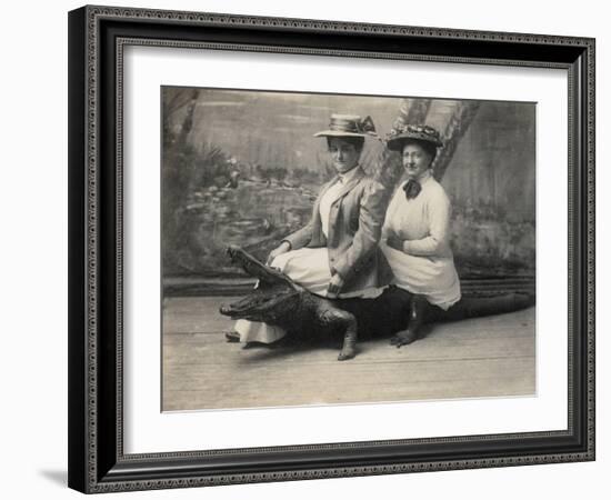 Women Sitting on a Stuffed Alligator, C.1905-null-Framed Photographic Print