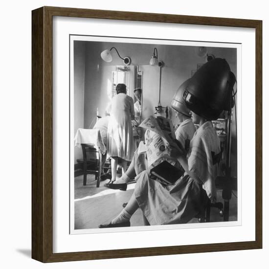 Women Sitting under Hair Dryers at the Hairdressers-Henry Grant-Framed Photographic Print