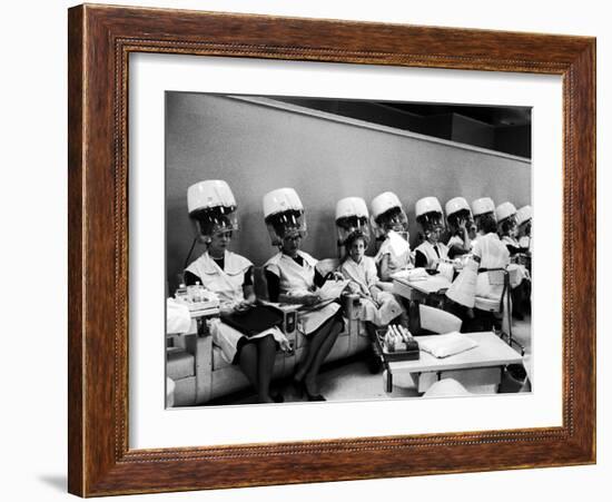 Women Sitting under Hair Dryers in Salon at Saks Fifth Avenue Department Store-Alfred Eisenstaedt-Framed Photographic Print