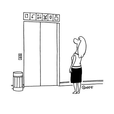 Women Stands In Front Of Elevator Looking Up At The Signs Trying To Deciph Cartoon Premium Giclee Print Ted Goff Art Com