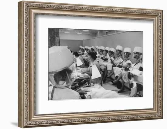 Women under Hair Dryers Getting Hair Styled in Beauty Salon at Saks Fifth Ave. Department Store-Alfred Eisenstaedt-Framed Photographic Print