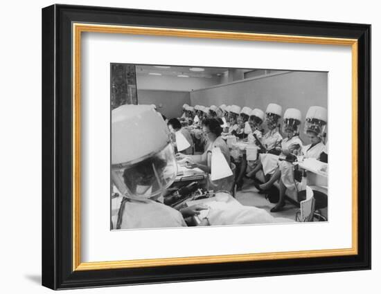 Women under Hair Dryers Getting Hair Styled in Beauty Salon at Saks Fifth Ave. Department Store-Alfred Eisenstaedt-Framed Photographic Print