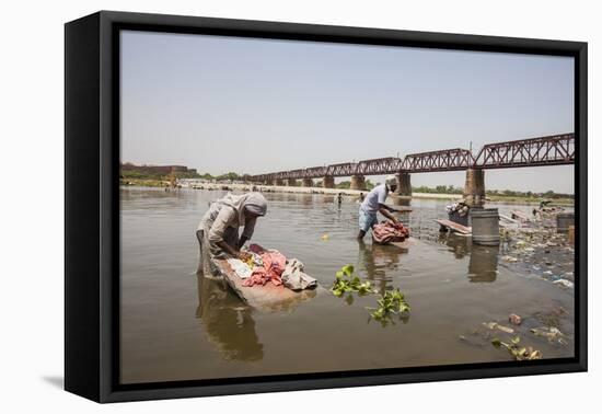 Women Wash Clothes in the Polluted Water of the Yamuna River-Roberto Moiola-Framed Premier Image Canvas