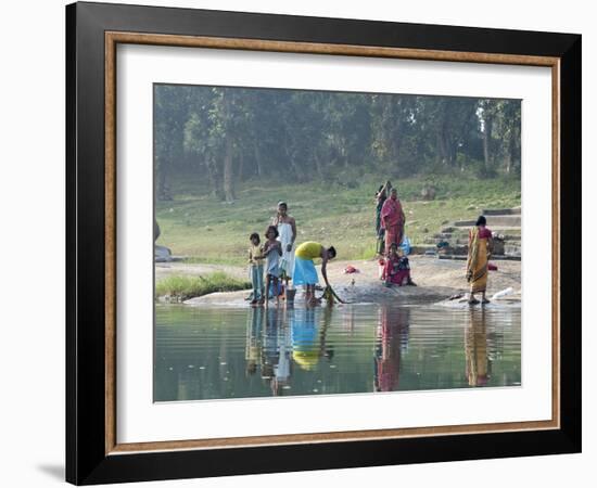 Women Washing Clothes on the Ghats of the River Mahanadi, Reflected in the Water, Orissa, Inda-Annie Owen-Framed Photographic Print