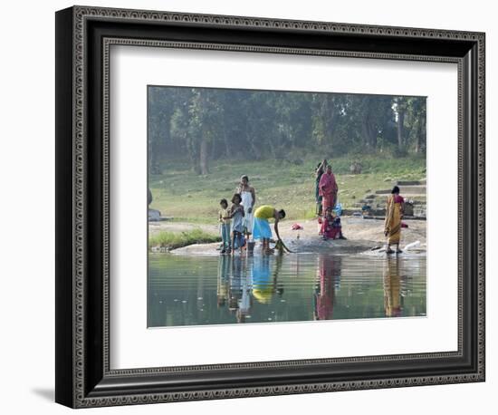 Women Washing Clothes on the Ghats of the River Mahanadi, Reflected in the Water, Orissa, Inda-Annie Owen-Framed Photographic Print