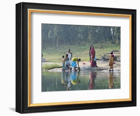 Women Washing Clothes on the Ghats of the River Mahanadi, Reflected in the Water, Orissa, Inda-Annie Owen-Framed Photographic Print