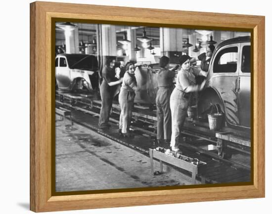 Women Washing Off the New Assemble Vehicles at the Fiat Auto Factory-Carl Mydans-Framed Premier Image Canvas