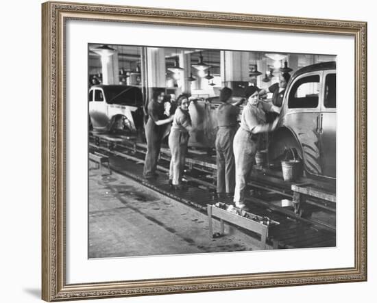 Women Washing Off the New Assemble Vehicles at the Fiat Auto Factory-Carl Mydans-Framed Photographic Print