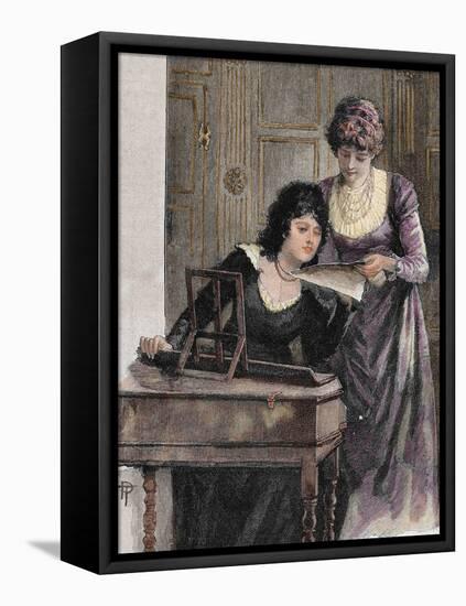 Women with a Harpsichord. Colored Engraving, 1895-Prisma Archivo-Framed Premier Image Canvas