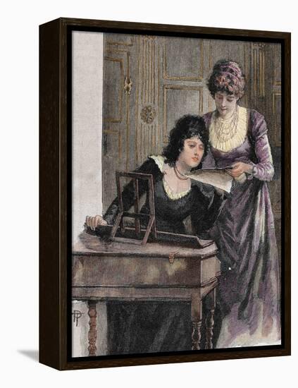 Women with a Harpsichord. Colored Engraving, 1895-Prisma Archivo-Framed Premier Image Canvas