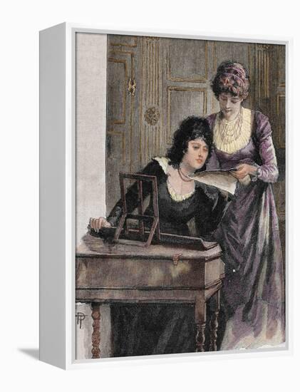 Women with a Harpsichord. Colored Engraving, 1895-Prisma Archivo-Framed Premier Image Canvas