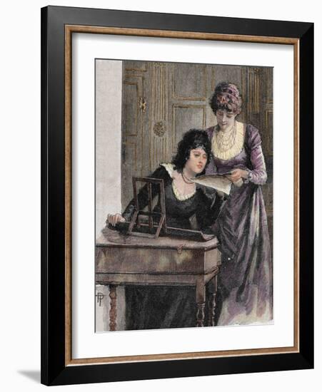 Women with a Harpsichord. Colored Engraving, 1895-Prisma Archivo-Framed Photographic Print