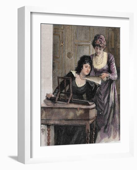 Women with a Harpsichord. Colored Engraving, 1895-Prisma Archivo-Framed Photographic Print