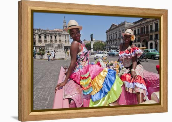 Women with Flowers at Capital in Pink Ford, Havana, Cuba-Bill Bachmann-Framed Premier Image Canvas