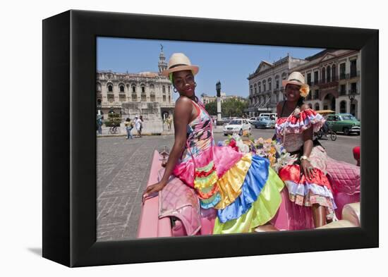 Women with Flowers at Capital in Pink Ford, Havana, Cuba-Bill Bachmann-Framed Premier Image Canvas