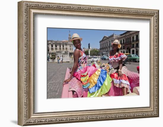 Women with Flowers at Capital in Pink Ford, Havana, Cuba-Bill Bachmann-Framed Photographic Print