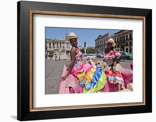 Women with Flowers at Capital in Pink Ford, Havana, Cuba-Bill Bachmann-Framed Photographic Print